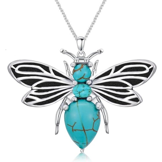 Genuine Turquoise Bee Necklace Pendant for Women 925 Sterling Silver Green Bumble Bee Jewelry with Black Hollow Wings for Her Wife Girlfriend