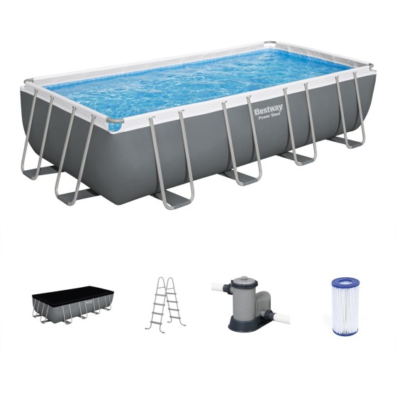 Bestway Power Steel 18' x 9' x 48" Rectangular Metal Frame Above Ground Swimming Pool Set with 1,500 GPH Filter Pump, Ladder, and Pool Cover