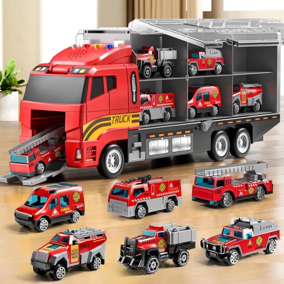 Fire Truck Vehicle Toy Set with Play Mat, Die-Cast Toy Car Carrier Truck