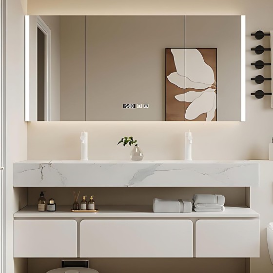 Bathroom Vanity - Modern Double Sink Bathroom Vanity, Including Sink & LED Smart Defog Function | Wall Mount | Multi-Layer Solid Wood Material